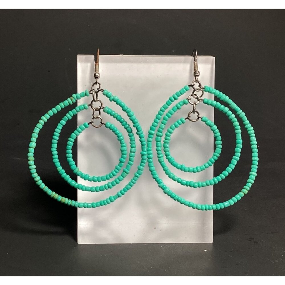 Handmade Turquoise Seed Bead Hoop Earrings with Silver Tone Findings Blue - Picture 2 of 3
